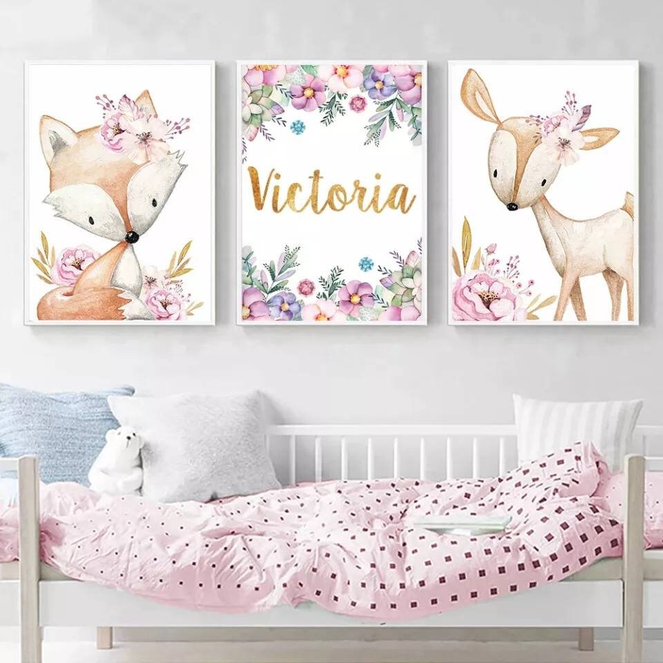 3 Affiches 100% Coton Décoration Murale Personnalisée Chambre Lettre Prénom Biche Renard Fleurs Nais