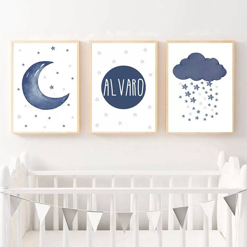 3 Affiches 100% Coton Décoration Murale Personnalisée Chambre Garçon Fille Prénom Lune Nuage Étoiles