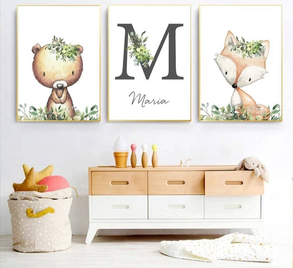 3 Affiches 100% Coton Décoration Murale Personnalisée Chambre Lettre Prénom Biche Lapin Raton Laveur