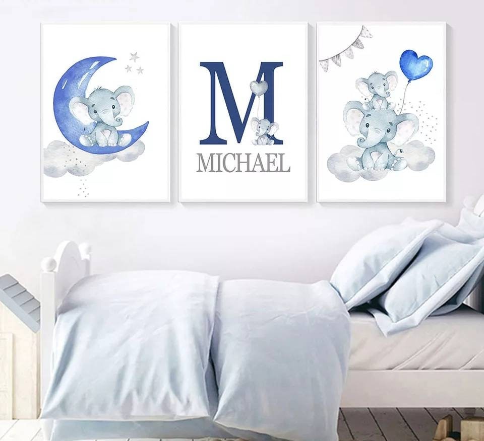 3 Affiches Décoration Murale Personnalisée Chambre Lettre Prénom Lune Nuage Éléphants Coeurs Naissan