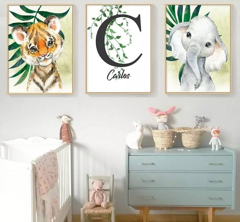 3 Affiches 100% Coton Décoration Murale Personnalisée Chambre Garçon Prénom Animaux Girafe Tigre Zèb