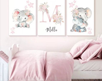 3 affiches 100% coton décoration murale personnalisée chambre garçon fille prénom étoiles amour éléphant naissance nouveau-né bébé