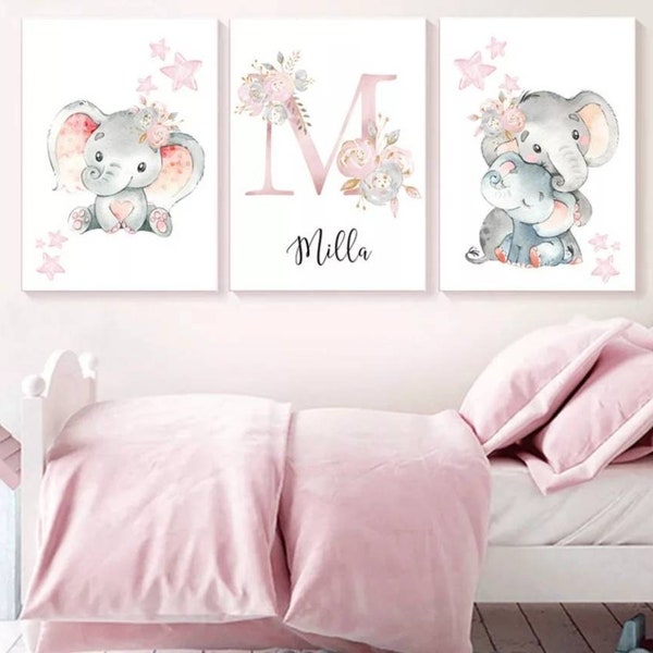 3 affiches 100% coton décoration murale personnalisée chambre garçon fille prénom étoiles amour éléphant naissance nouveau-né bébé