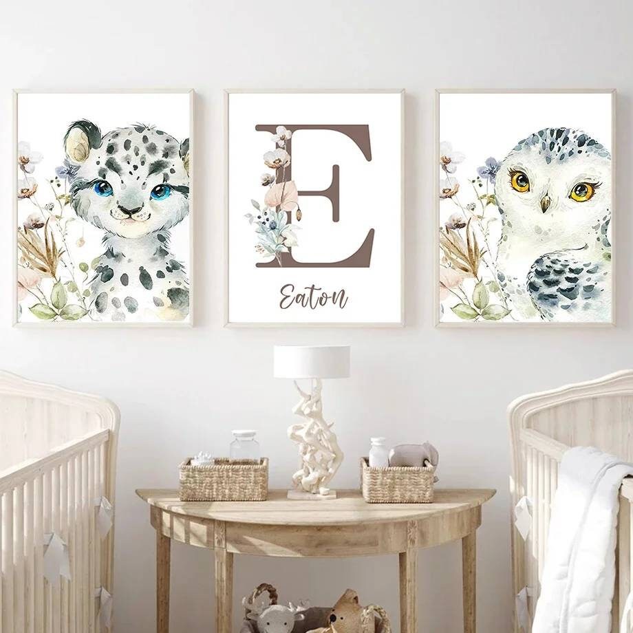 3 Affiches 100% Coton Décoration Murale Personnalisée Chambre Garçon Prénom Animaux Savane Chouette 