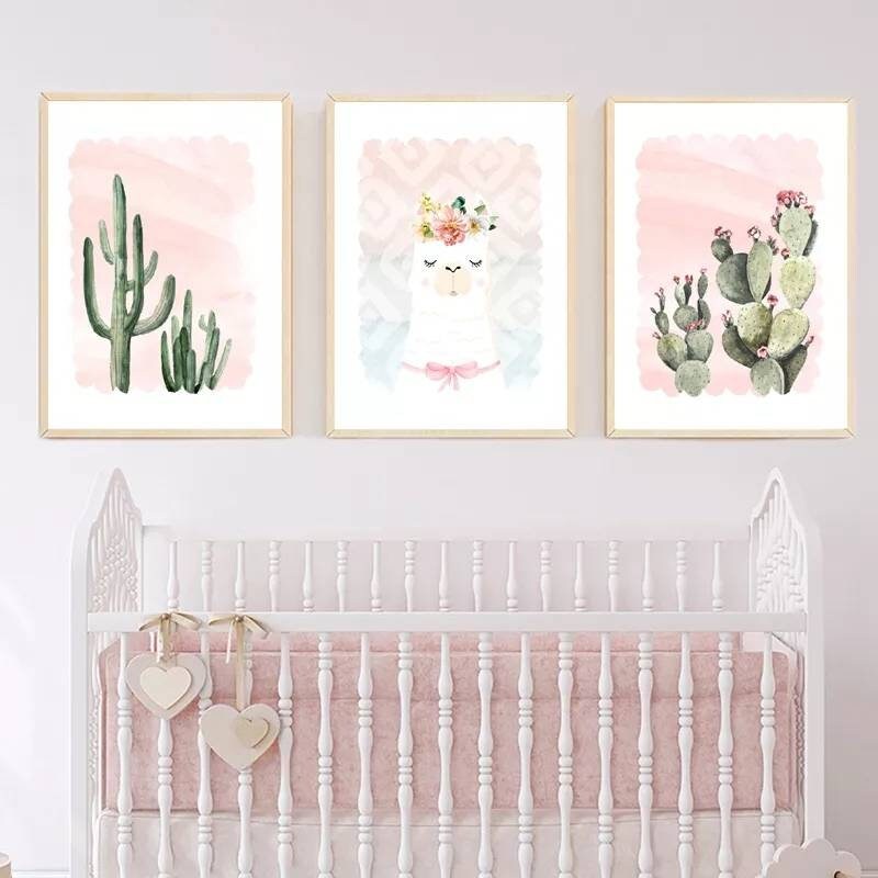 3 Affiches 100% Coton Décoration Murale Chambre Garçon Fille Lama Alpaga Cœurs Arc-En-Ciel Cactus Na