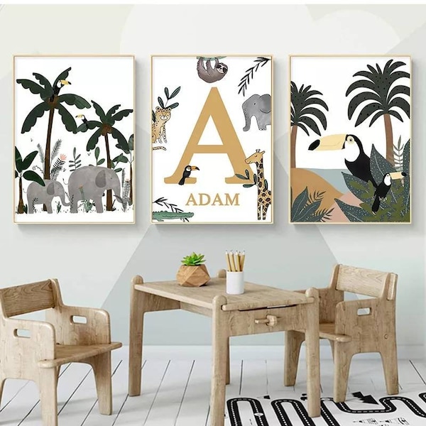 3 affiches 100% coton décoration murale personnalisée chambre garçon prénom animaux éléphant pélican safari naissance nouveau-né bébé