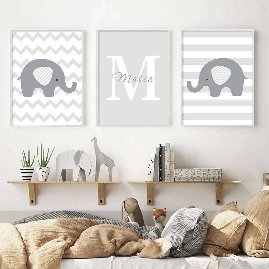 3 Affiches 100% Coton Décoration Murale Personnalisée Chambre Lettre Prénom Éléphant Naissance Nouve