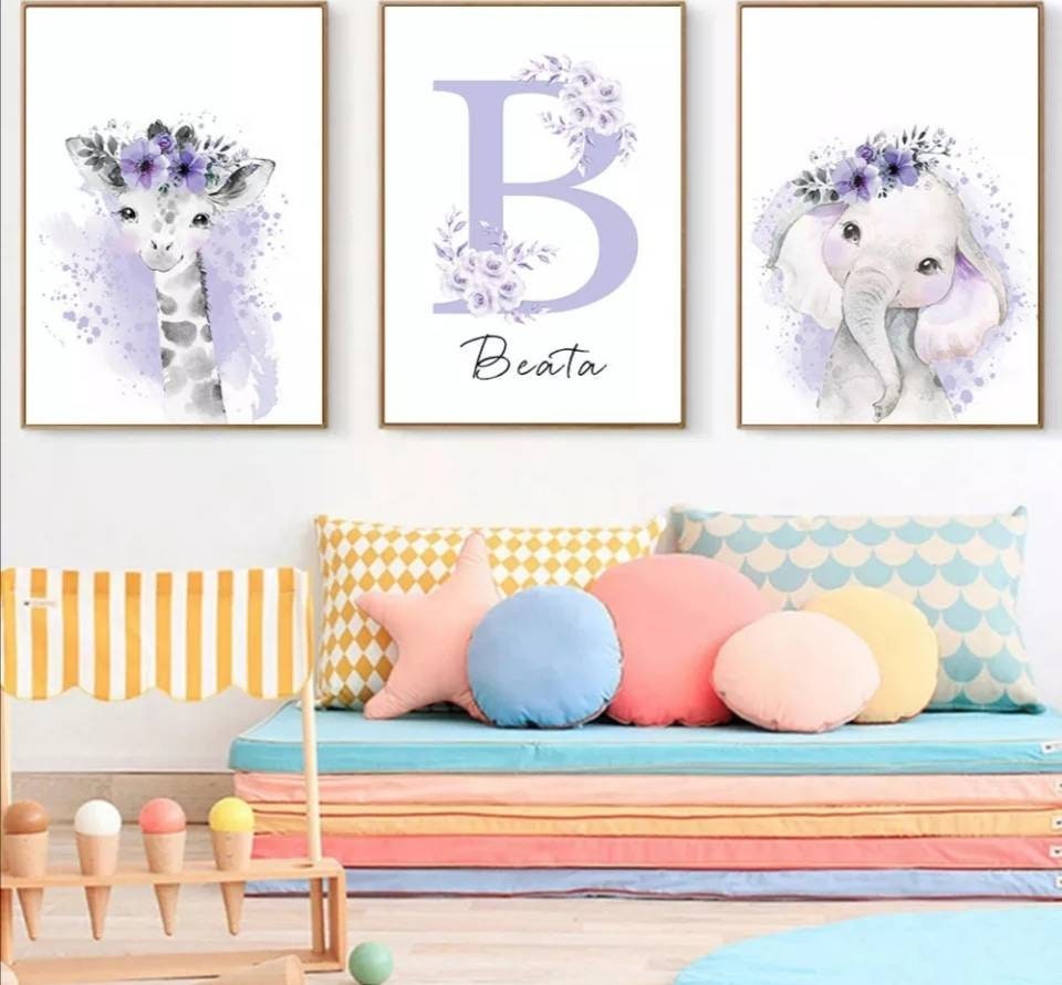 3 Affiches 100% Coton Décoration Murale Personnalisée Chambre Enfant Lettre Prénom Savane Lion Giraf