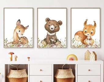 3 affiches 100% coton décoration murale chambre garçon fille animaux forêt écureuil lapin cerf ours renard raton naissance nouveau-né bébé