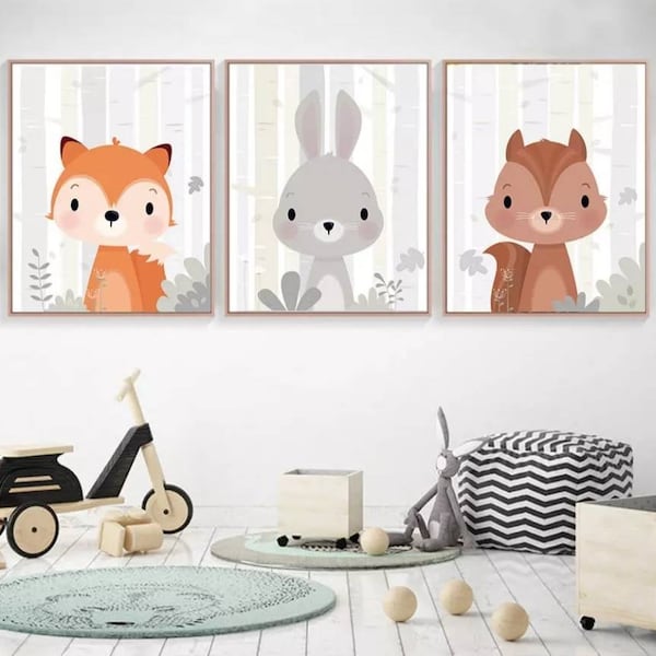 3 affiches au choix parmi 6 animaux 100% coton décoration murale chambre animaux rigolos forêt naissance nouveau-né bébé