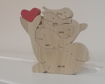 Puzzle en bois vertical personnalisé avec les prénoms des membres de la famille gravés sur des animaux, décoration, cadeau, de 3 à 7 prénoms