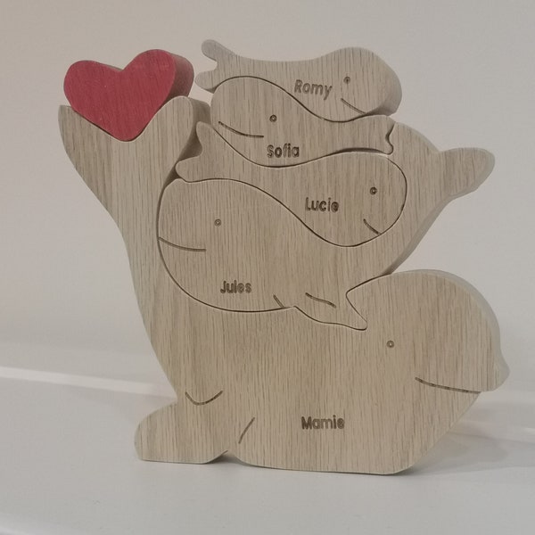 Puzzle en bois vertical personnalisé avec les prénoms des membres de la famille gravés sur des animaux, décoration, cadeau, de 3 à 7 prénoms