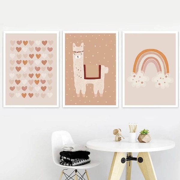 3 posters 100% katoen wanddecoratie slaapkamer jongen meisje lama alpaca harten regenboog geboorte pasgeboren baby