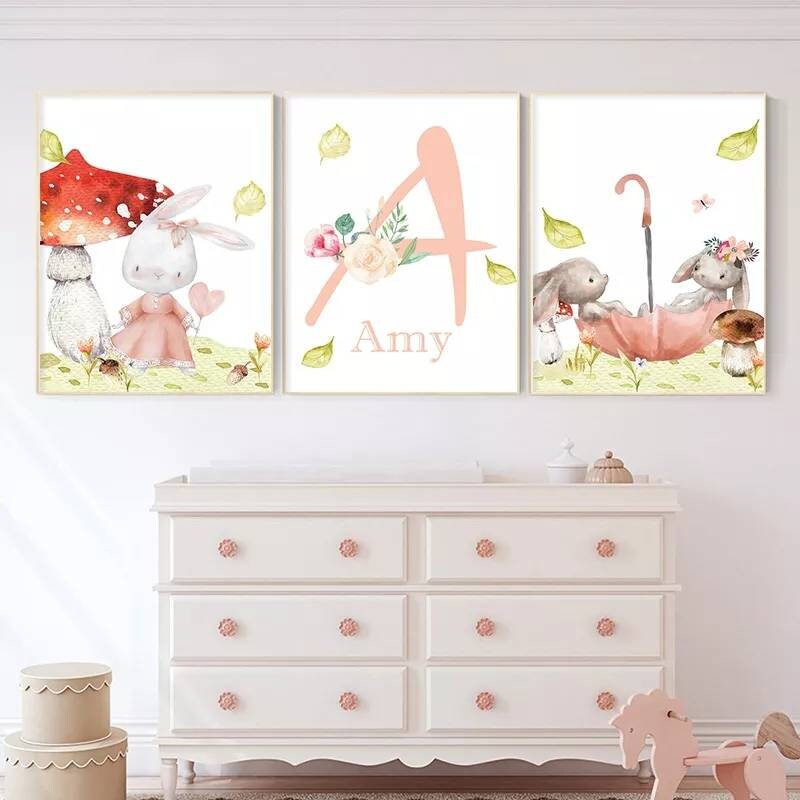 3 Affiches 100% Coton Décoration Murale Personnalisée Chambre Lettre Prénom Lapin Pluie Parapluie Na
