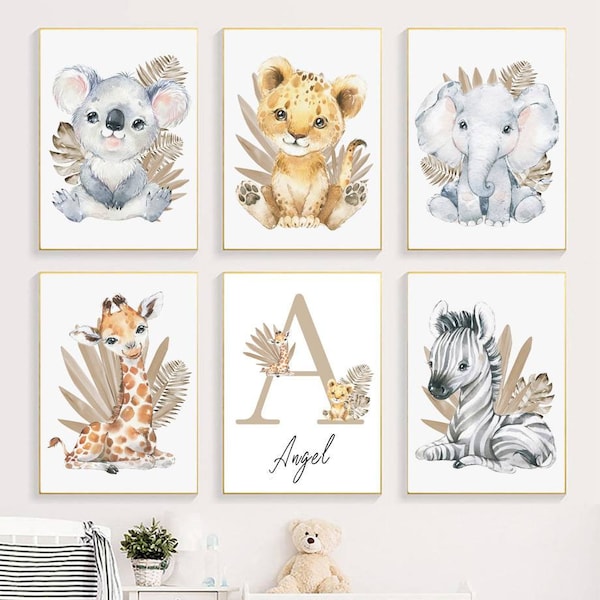 3 affiches 100% coton décoration murale personnalisée chambre garçon prénom animaux girafe tigre zèbre 6 animaux naissance nouveau-né bébé