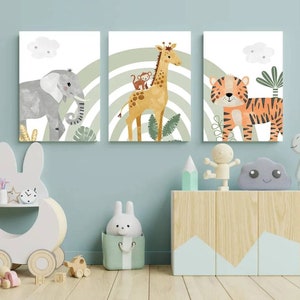 3 affiches 100% coton décoration murale personnalisée chambre garçon prénom animaux éléphant  girafe tigre safari naissance nouveau-né bébé