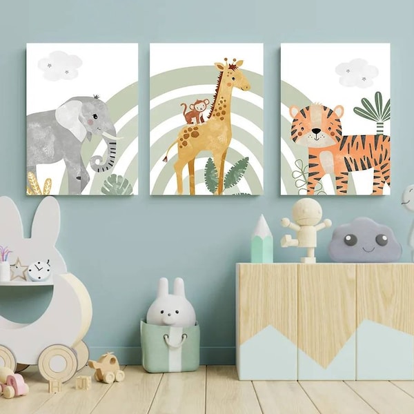 3 posters 100% cotton personalized wall decoration boy's room first name animals elephant giraffe tiger safari birth newborn baby