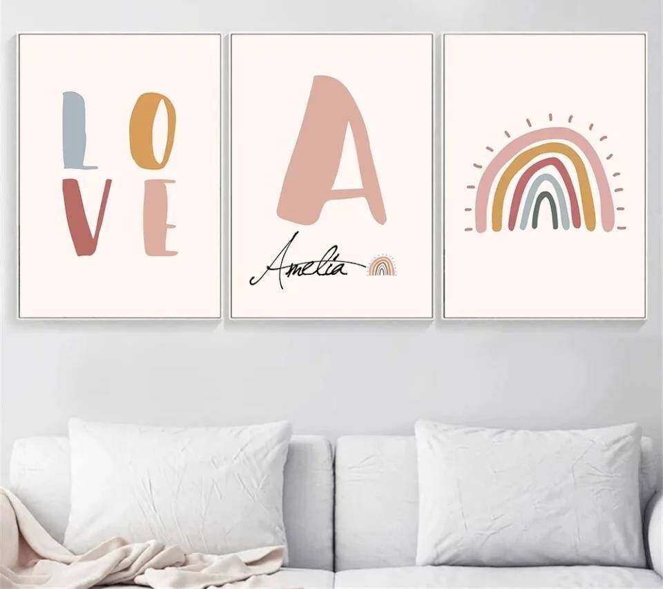 3 Affiches 100% Coton Décoration Murale Personnalisée Chambre Garçon Fille Prénom Arc-En-Ciel Love A