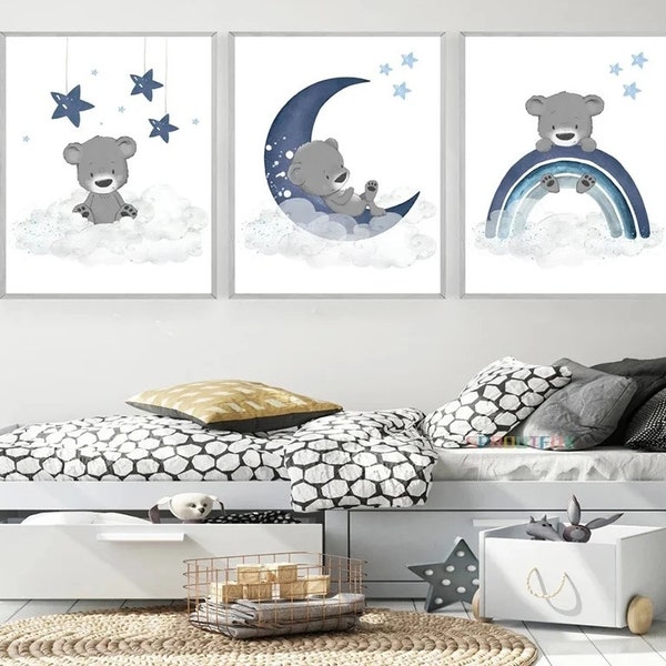 3 affiches 100% coton décoration murale chambre lettre animaux oursons étoiles lune nuages naissance nouveau-né bébé