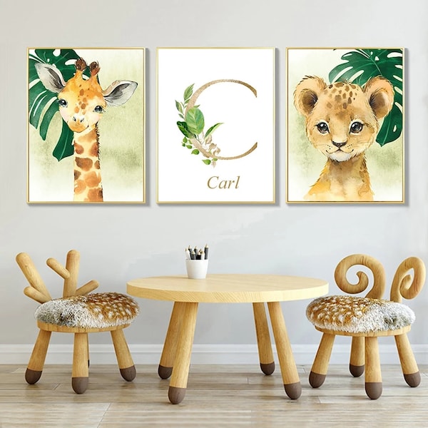 3 affiches 100% coton décoration murale personnalisée chambre garçon prénom animaux girafe tigre zèbre 6 animaux naissance nouveau-né bébé