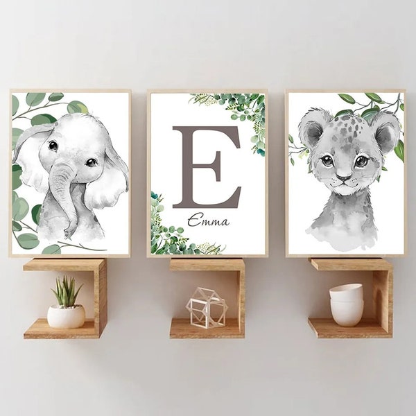 3 Poster aus 100 % Baumwolle, personalisierte Wanddekoration, Jungenzimmer, Buchstabe, Vorname, Tiere, Savanne, Giraffe, Tiger, Geburt, Neugeborenes