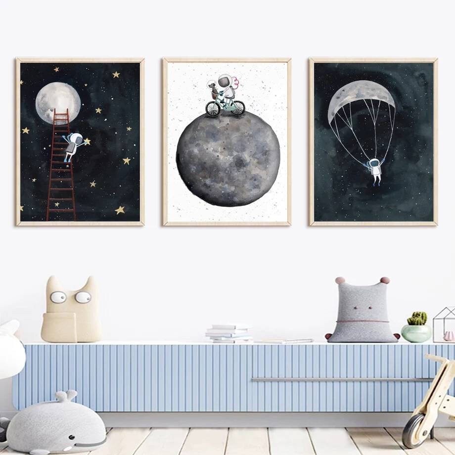 3 Affiches 100% Coton Décoration Murale Chambre Animaux Espace Lune Étoile Astronaute Naissance Nouv