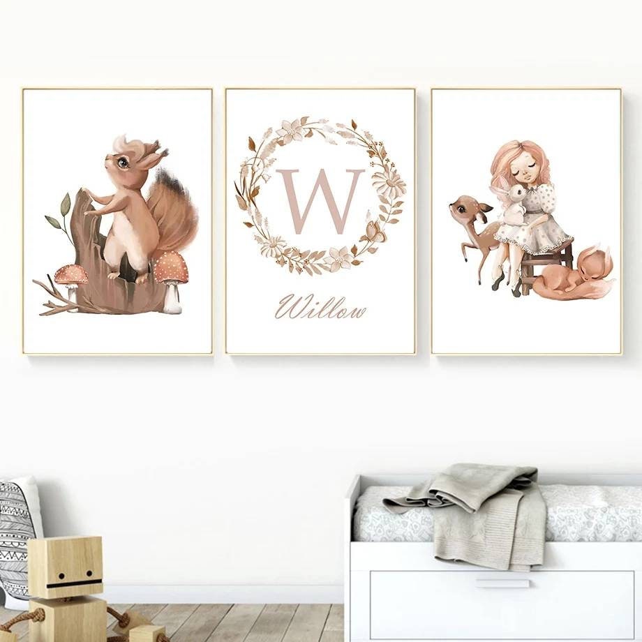 3 Affiches 100% Coton Décoration Murale Personnalisée Chambre Enfant Lettre Prénom Animaux Forêt Esc