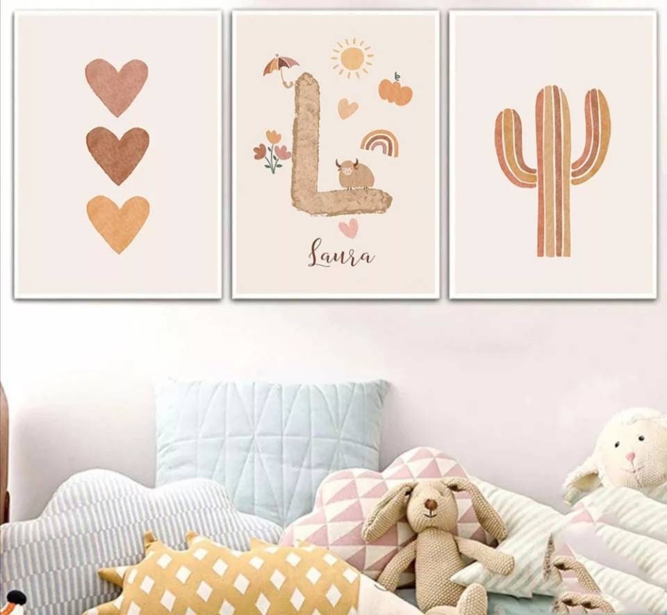 3 Affiches 100% Coton Décoration Murale Personnalisée Chambre Garçon Fille Prénom Coeur Cactus Mexiq