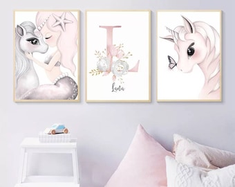 3 affiches 100% coton décoration murale personnalisée chambre lettre prénom  licorne princesse naissance nouveau-né bébé -  France