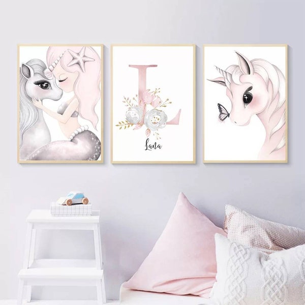 3 affiches 100% coton décoration murale personnalisée chambre lettre prénom licorne princesse naissance nouveau-né bébé