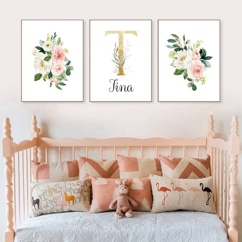 3 Affiches 100% Coton Décoration Murale Personnalisée Chambre Lettre Prénom Romantique Fleurs Naissa