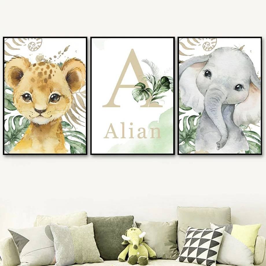 3 Affiches 100% Coton Décoration Murale Personnalisée Chambre Garçon Lettre Prénom Animaux Savane Gi