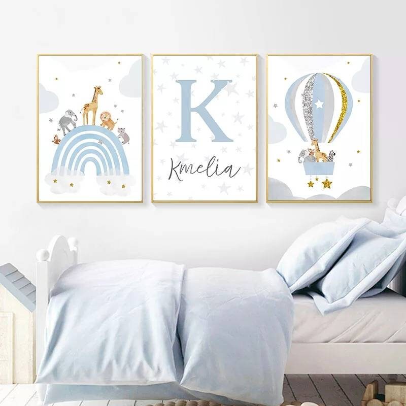 3 Affiches 100% Coton Décoration Murale Personnalisée Chambre Garçon Fille Prénom Étoiles Amour Anim