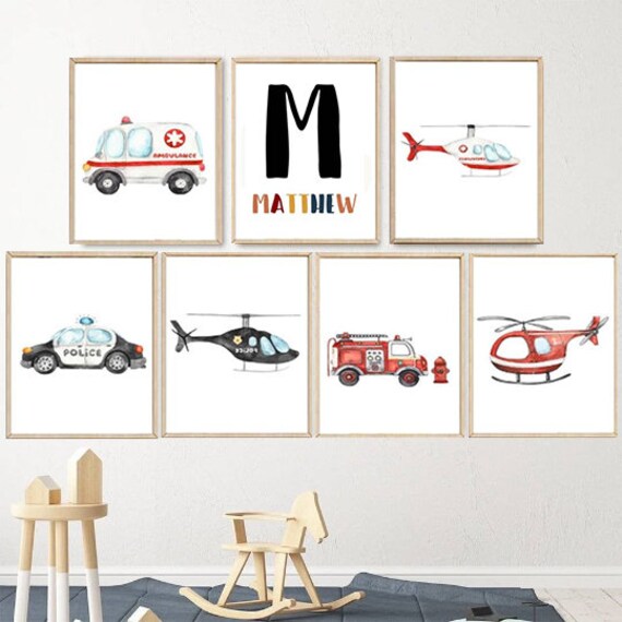 3 Affiches 100% Coton Décoration Murale Personnalisée Chambre Garçon Lettre Prénom Ambulance Pompier