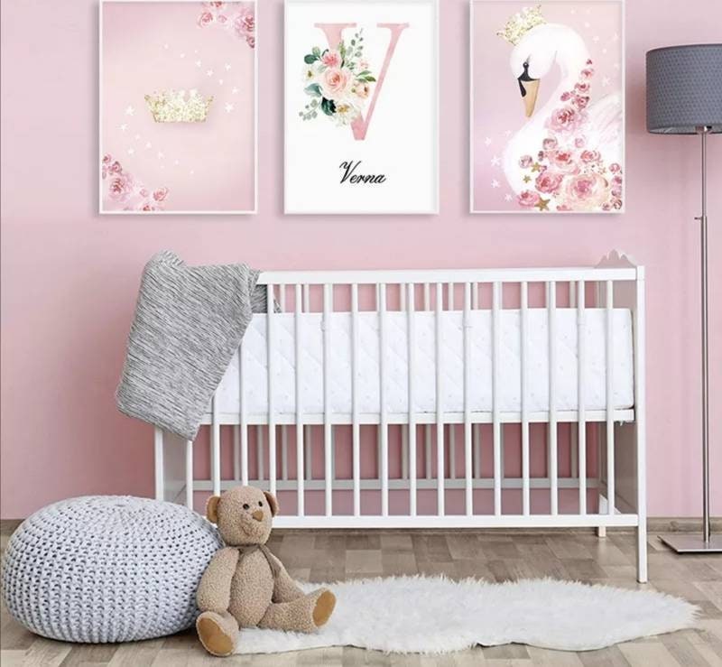 3 Affiches 100% Coton Décoration Murale Personnalisée Chambre Lettre Prénom Cygne Princesse Couronne