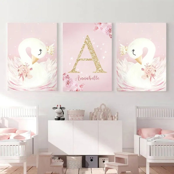 3 affiches 100% coton décoration murale personnalisée chambre lettre prénom cygnes princesse naissance nouveau-né bébé