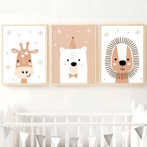 3 affiches 100% coton décoration murale chambre garçon fille animaux savane girafe ours lion naissance nouveau-né bébé