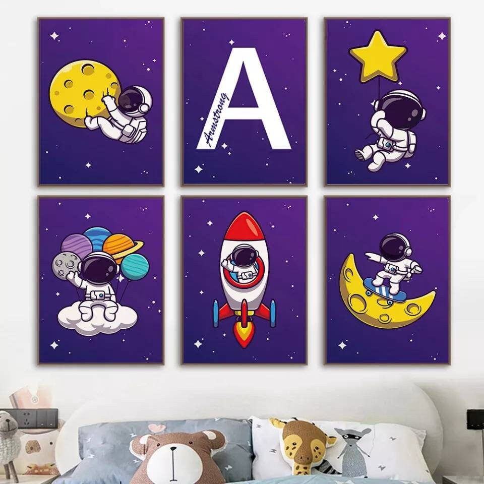 3 Affiches 100% Coton Décoration Murale Personnalisée Chambre Garçon Fille Prénom Lune Espace Fusée