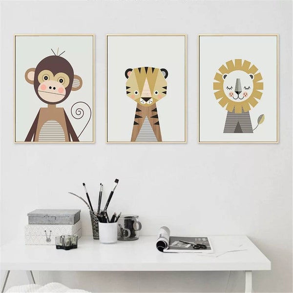 3 affiches 100% coton décoration murale chambre garçon prénom animaux savane lion girafe éléphant origami naissance nouveau-né bébé