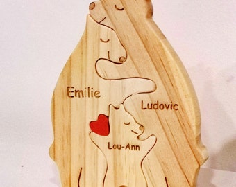 Puzzle en bois vertical personnalisé avec les prénoms des membres de la famille gravés sur des ours, décoration, cadeau, de 2 à 7 prénoms.