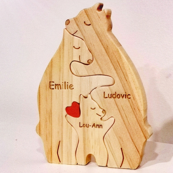 Puzzle en bois vertical personnalisé avec les prénoms des membres de la famille gravés sur des ours, décoration, cadeau, de 2 à 7 prénoms.