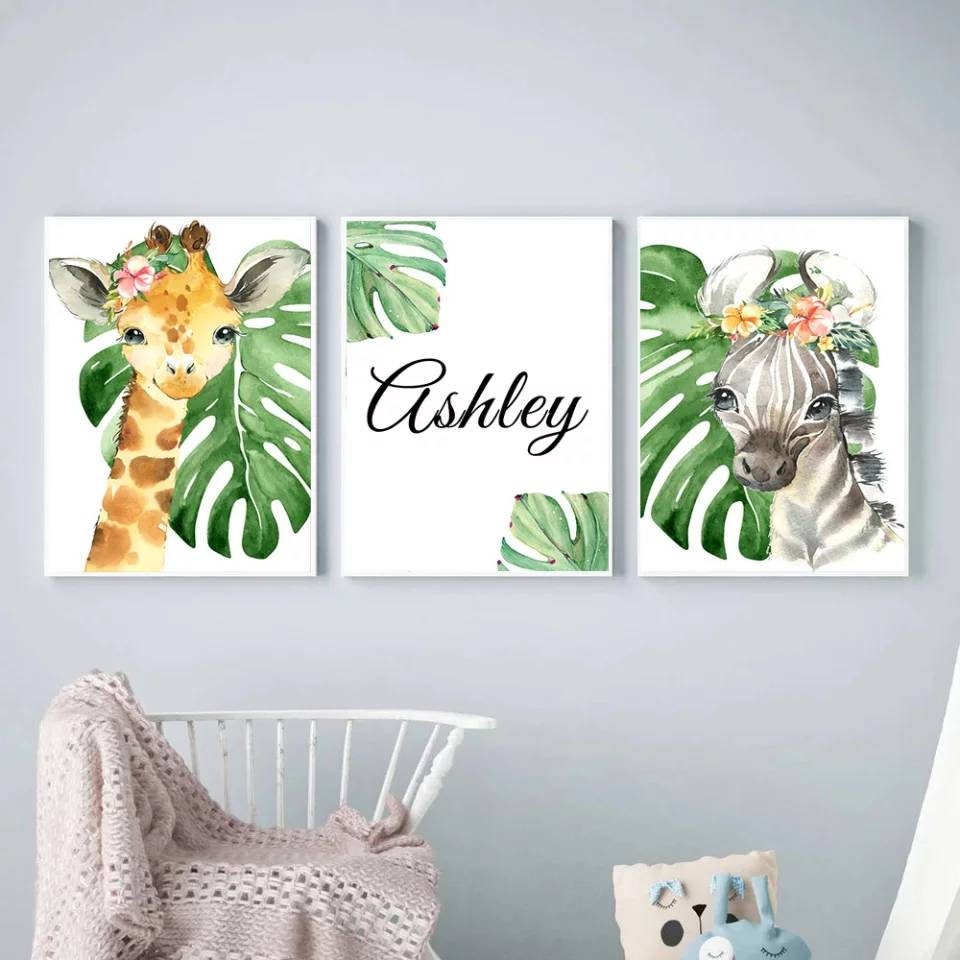 3 Affiches 100% Coton Décoration Murale Personnalisée Chambre Garçon Prénom Animaux Savane Girafe Ti