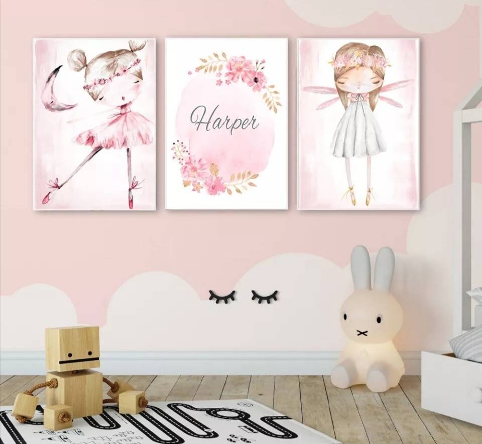 3 Affiches 100% Coton Décoration Murale Personnalisée Chambre Lettre Prénom Fée Petite Danseuse Cour