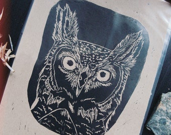 Great Horned Owl / Original Owl Linocut Art print in black ink, on natural tan Paper, Magical Witchy Gifts