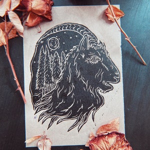 Black Phillip Linocut Print, Green Witch, Magical Witchy Gifts