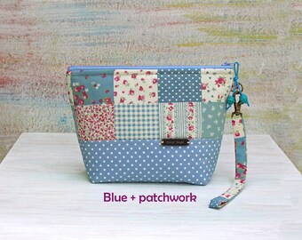 Cotton makeup pouch, blue pouch bag with zipper, blue pouch purse, patchwork cosmetic bag, gift for her, retro cosmetic bag, pencil case