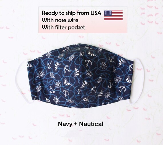 Navy Nautical Face Mask for Men With Nose Wire Filter Etsy