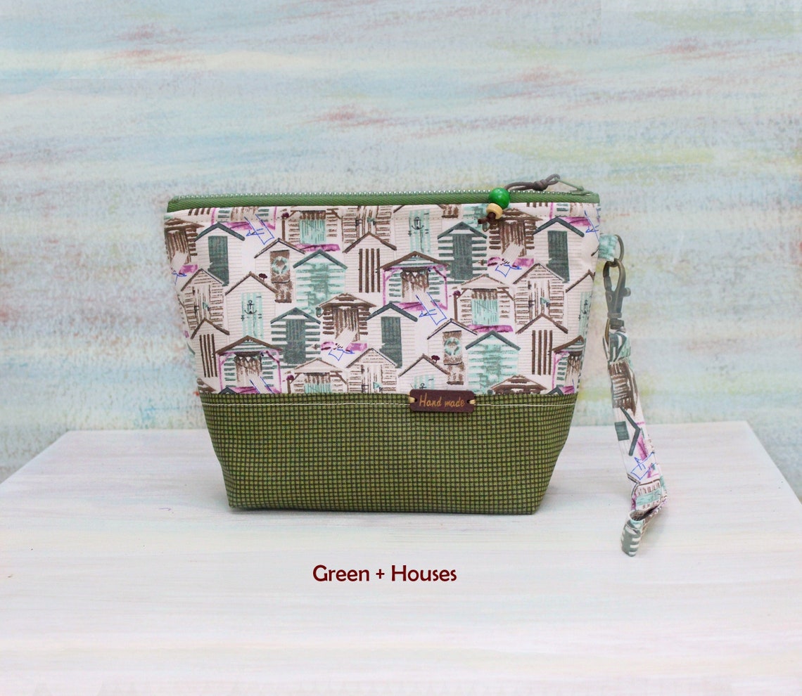 Green Makeup Bag With Zipper House Print Cosmetic Pouch Etsy
