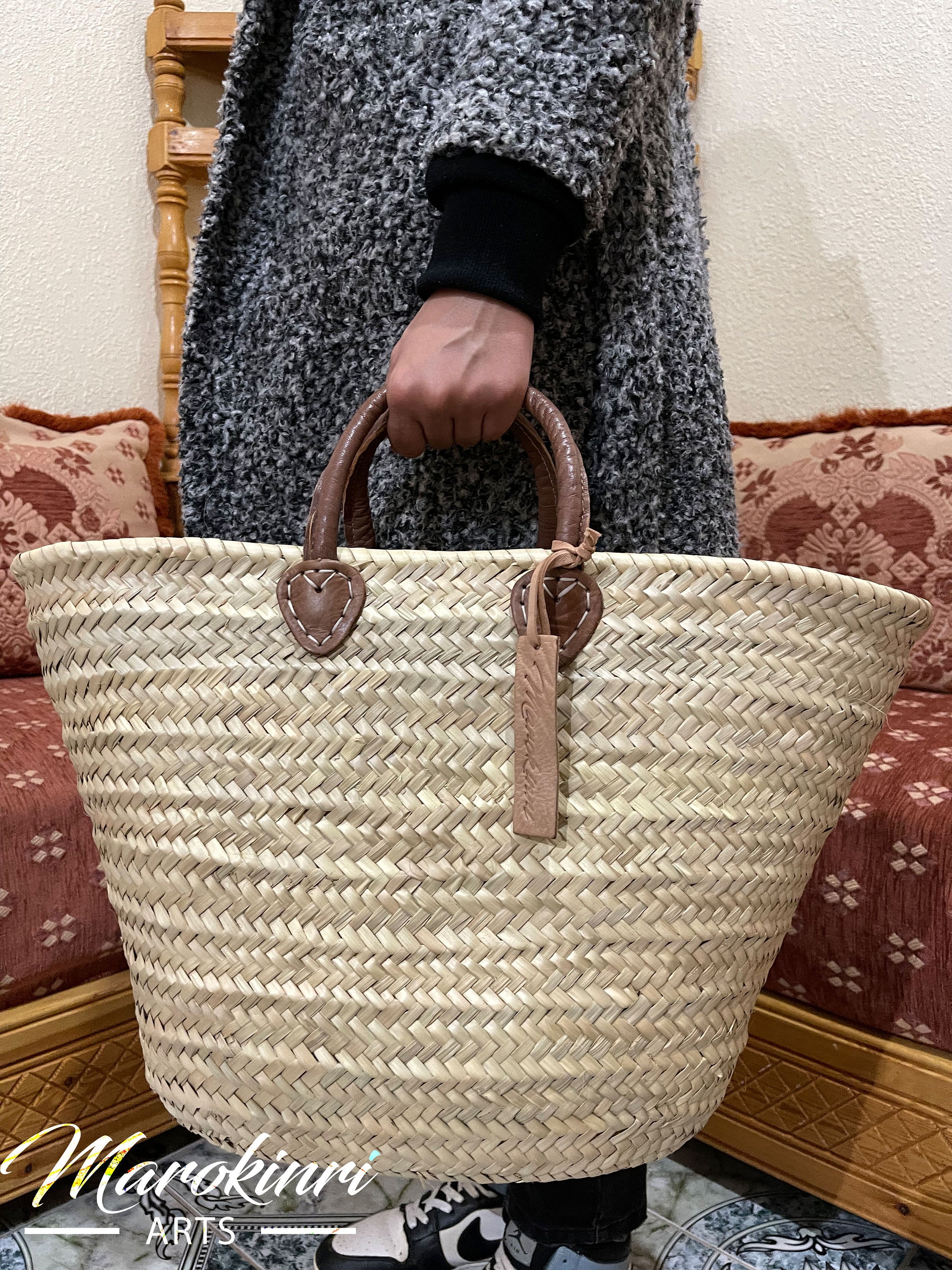 Moroccan Straw & Leather Shopping French Market Basket Bag Large Moroccan 