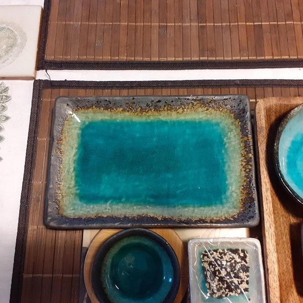 Handmade Japanese Ceramic Fire glazed Crackle Sushi plate in Teal - Traditional RAKU pottery - unique collectable Japonica Fine Dining/Decor